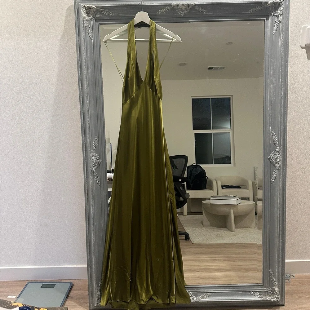 Reformation Daniela Silk Halter Maxi Dress in Pear Satin Evening Gown 6 - Picture 6 of 16